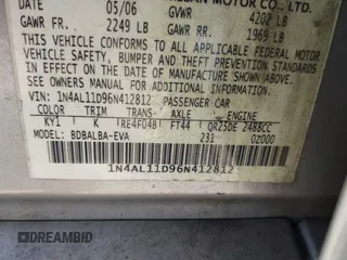 2006 Nissan Altima 2.5 with VIN 1N4AL11D96N412812, listed as a IAAI auction lot 42398083 with 214,369 mi miles and . Bid and sale history available at DreamBid. Image 9.
