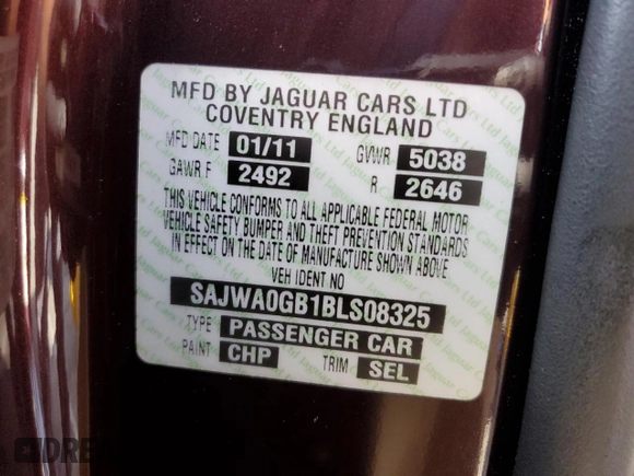 2011 Jaguar XF Premium with VIN SAJWA0GB1BLS08325, listed as a Copart auction lot 61190335 with 61,656 mi miles and Salvage title. Bid and sale history available at DreamBid. Image 13.