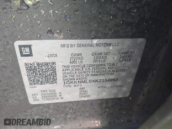 2019 GMC Acadia SLT with VIN 1GKKNMLSXKZ154992, listed as a IAAI auction lot 42452959 with 56,785 mi miles and . Bid and sale history available at DreamBid. Image 9.