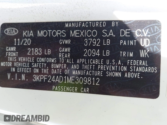 2021 Kia Forte LXS с VIN 3KPF24AD1ME309812, выставлен на аукционе IAAI как лот 42152250 с пробегом 78 471 миль миль и . История ставок и продаж доступна на DreamBid. Изображение 9.