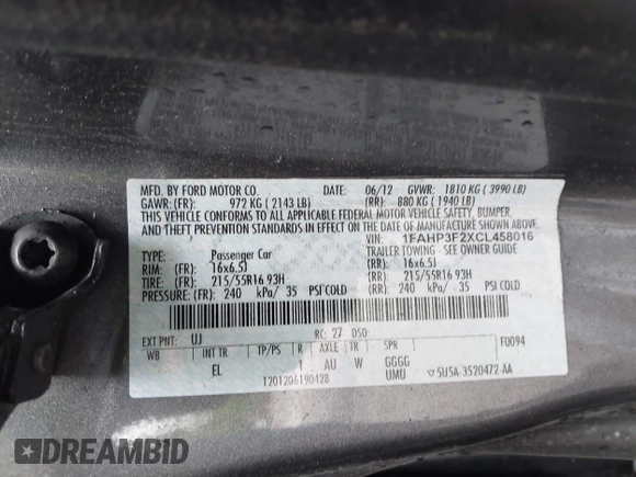 2012 Ford Focus SE with VIN 1FAHP3F2XCL458016, listed as a IAAI auction lot 42320697 with 235,248 mi miles and . Bid and sale history available at DreamBid. Image 9.