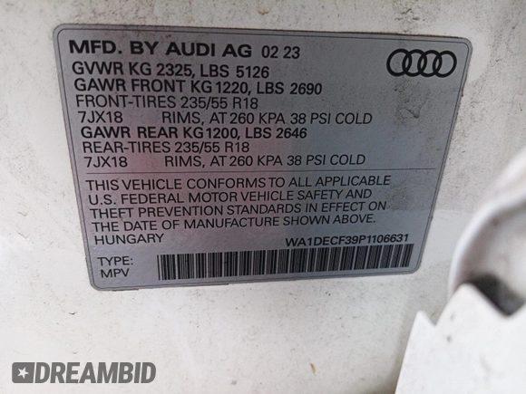 2023 Audi Q3 S line Premium with VIN WA1DECF39P1106631, listed as a IAAI auction lot 42793227 with 45,625 mi miles and . Bid and sale history available at DreamBid. Image 26.