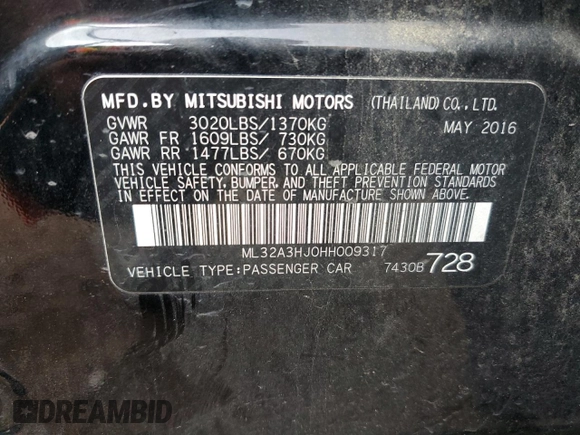 2017 Mitsubishi Mirage ES with VIN ML32A3HJ0HH009317, listed as a Copart auction lot 58759835 with 79,234 mi miles and Non repairable. Bid and sale history available at DreamBid. Image 12.