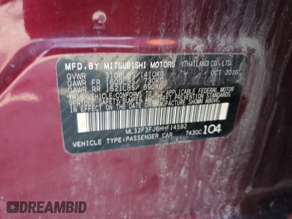 2017 Mitsubishi Mirage ES with VIN ML32F3FJ6HHF14592, listed as a Copart auction lot 65472224 with 130,216 mi miles and Salvage title. Bid and sale history available at DreamBid. Image 13.