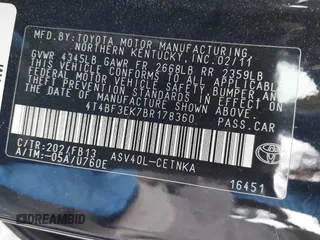 2011 Toyota Camry LE with VIN 4T4BF3EK7BR178360, listed as a IAAI auction lot 42106839 with 182,218 mi miles. Bid and sale history available at carsss.com. Image 9.