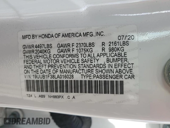 2020 Acura TLX с VIN 19UUB1F38LA016028, выставлен на аукционе Copart как лот 51489205 с пробегом 51 118 миль миль и Списание • Salvage title. История ставок и продаж доступна на DreamBid. Изображение 12.