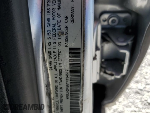 2000 Audi A6 z VIN WAULH24B6YN134617, wystawiony jako Copart lot #81745164 z przebiegiem 176 064 mil mil oraz Szkoda całkowita • Salvage title. Historia ofert i sprzedaży dostępna na DreamBid. Obrazek 14.