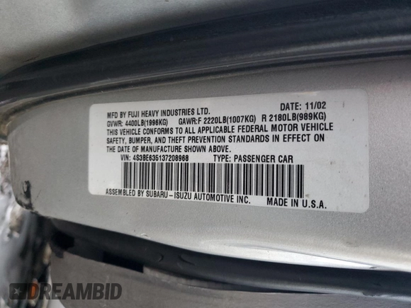 2003 Subaru Legacy L with VIN 4S3BE635137208968, listed as a Copart auction lot 41644055 with 223,871 mi miles and Salvage title. Bid and sale history available at DreamBid. Image 12.