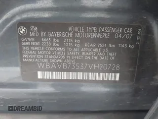 2007 BMW 3 Series 335i с VIN WBAVB73537VH20728, выставлен на аукционе IAAI как лот 42573878 с пробегом 89 984 миль миль и . История ставок и продаж доступна на DreamBid. Изображение 9.