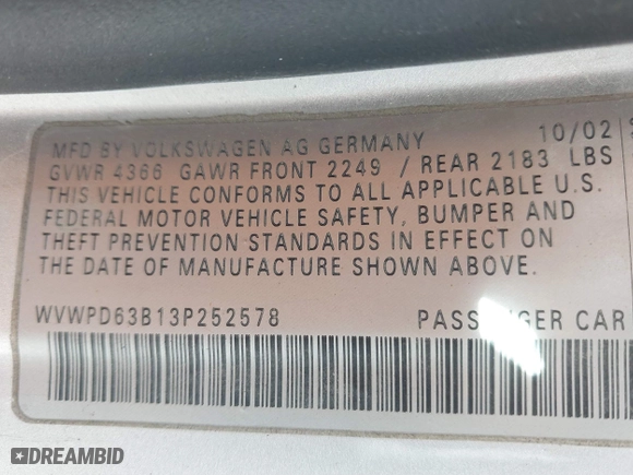 2003 Volkswagen Passat GLS with VIN WVWPD63B13P252578, listed as a IAAI auction lot 41660963 with 151,253 mi miles. Bid and sale history available at carsss.com. Image 9.