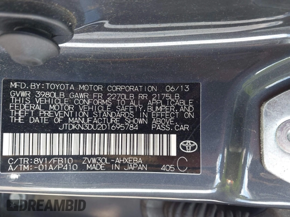 2013 Toyota Prius One with VIN JTDKN3DU2D1695784, listed as a IAAI auction lot 42212612 with 138,993 mi miles and . Bid and sale history available at DreamBid. Image 8.