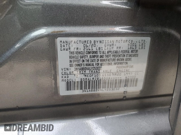 2020 Nissan Sentra SR with VIN 3N1AB8DV4LY253032, listed as a Copart auction lot 85785624 with 36,605 mi miles and Salvage Title. Bid and sale history available at DreamBid. Image 12.
