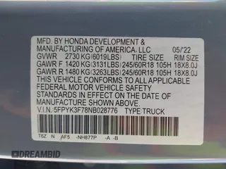 2022 Honda Ridgeline RTL-E z VIN 5FPYK3F78NB028776, wystawiony jako IAAI lot #42077805 z przebiegiem 22 971 mil mil oraz . Historia ofert i sprzedaży dostępna na DreamBid. Obrazek 9.