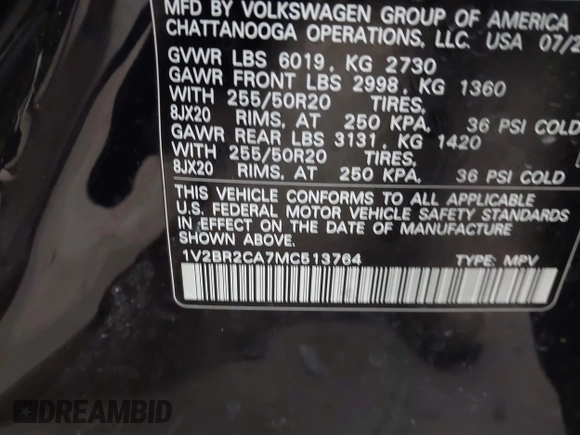 2021 Volkswagen Atlas SEL with VIN 1V2BR2CA7MC513764, listed as a IAAI auction lot 41166277 with 67,850 mi miles and . Bid and sale history available at DreamBid. Image 9.