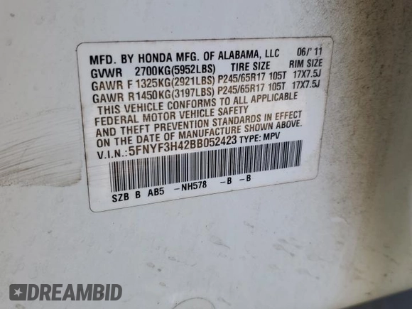 2011 Honda Pilot EX with VIN 5FNYF3H42BB052423, listed as a Copart auction lot 46285405 with Not Provided miles and Salvage Title. Bid and sale history available at carsss.com. Image 12.