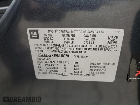 2014 GMC Terrain SLE with VIN 2GKALREK7E6210950, listed as a Copart auction lot 55471295 with 67,260 mi miles and Salvage title. Bid and sale history available at DreamBid. Image 13.
