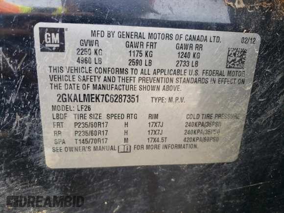 2012 GMC Terrain SLE-1 с VIN 2GKALMEK7C6287351, выставлен на аукционе Copart как лот 53813445 с пробегом 209 359 миль миль и Списание • Salvage title. История ставок и продаж доступна на DreamBid. Изображение 13.