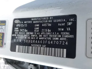 2015 Kia Optima SX Turbo with VIN 5XXGR4A63FG470724, listed as a IAAI auction lot 42006500 with 188,422 mi miles. Bid and sale history available at carsss.com. Image 9.