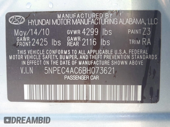 2011 Hyundai Sonata Limited with VIN 5NPEC4AC6BH073621, listed as a IAAI auction lot 41980752 with 160,911 mi miles and . Bid and sale history available at DreamBid. Image 9.
