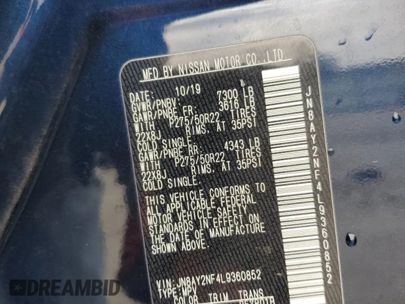 2020 Nissan Armada Platinum z VIN JN8AY2NF4L9360852, wystawiony jako Copart lot #49326305 z przebiegiem 67 569 mil mil oraz Szkoda całkowita • Salvage title. Historia ofert i sprzedaży dostępna na DreamBid. Obrazek 13.