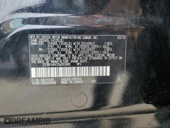 2012 Toyota RAV4 with VIN 2T3BF4DV2CW203900, listed as a Copart auction lot 60375835 with 196,671 mi miles and Salvage title. Bid and sale history available at DreamBid. Image 12.