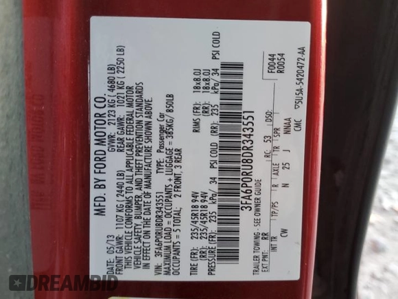 2013 Ford Fusion Titanium Hybrid with VIN 3FA6P0RU8DR343551, listed as a Copart auction lot 87515335 with 197,164 mi miles and Salvage Title. Bid and sale history available at carsss.com. Image 15.