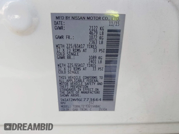2016 Nissan Rogue SL with VIN 5N1AT2MV9GC773664, listed as a IAAI auction lot 41563438 with 57,264 mi miles and . Bid and sale history available at DreamBid. Image 9.