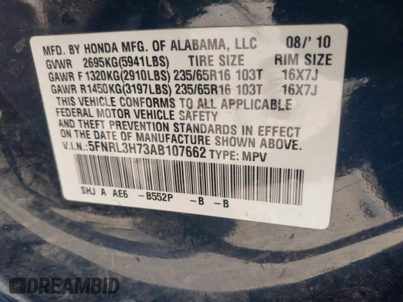 2010 Honda Odyssey EX-L with VIN 5FNRL3H73AB107662, listed as a IAAI auction lot 42107166 with 188,308 mi miles. Bid and sale history available at carsss.com. Image 9.