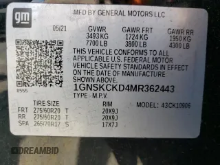 2021 Chevrolet Suburban LT z VIN 1GNSKCKD4MR362443, wystawiony jako Copart lot #55284375 z przebiegiem 153 049 mil mil oraz Szkoda całkowita • Salvage title. Historia ofert i sprzedaży dostępna na DreamBid. Obrazek 14.