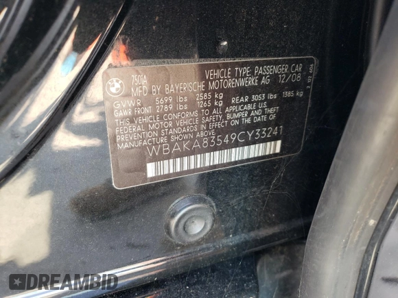 2009 BMW 7 Series 750i z VIN WBAKA83549CY33241, wystawiony jako Copart lot #75237884 z przebiegiem 130 585 mil mil oraz Szkoda całkowita • Salvage title. Historia ofert i sprzedaży dostępna na DreamBid. Obrazek 12.