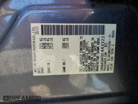 2014 Nissan Maxima S z VIN 1N4AA5AP2EC443322, wystawiony jako Copart lot #58433095 z przebiegiem 85 990 mil mil oraz Szkoda całkowita • Salvage title. Historia ofert i sprzedaży dostępna na DreamBid. Obrazek 12.