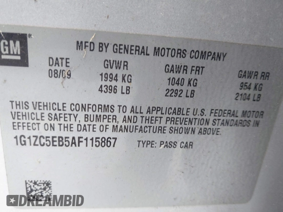 2010 Chevrolet Malibu 1LT with VIN 1G1ZC5EB5AF115867, listed as a IAAI auction lot 42101925 with 174,468 mi miles and . Bid and sale history available at DreamBid. Image 9.