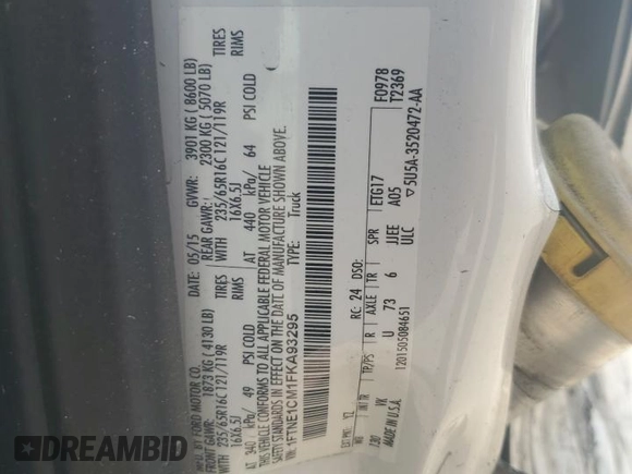 2015 Ford Transit with VIN 1FTNE1CM1FKA93295, listed as a Copart auction lot 43720435 with 72,921 mi miles and Salvage Title. Bid and sale history available at DreamBid. Image 13.