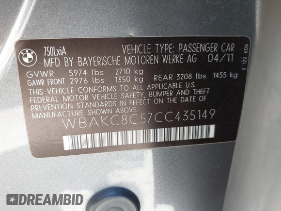 2012 BMW 7 Series 750Li xDrive с VIN WBAKC8C57CC435149, выставлен на аукционе IAAI как лот 42547400 с пробегом 125 127 миль миль и . История ставок и продаж доступна на DreamBid. Изображение 9.