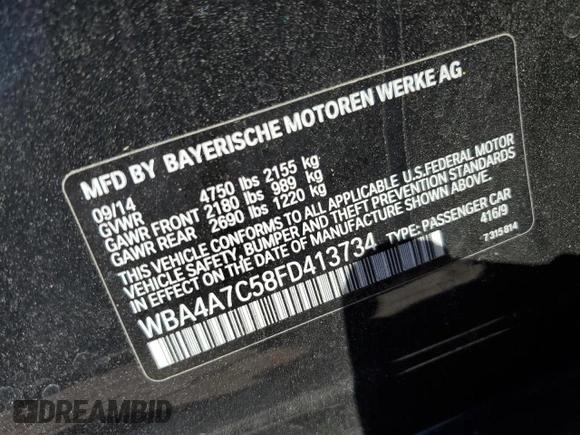2015 BMW 4 Series 428i xDrive with VIN WBA4A7C58FD413734, listed as a Copart auction lot 50252325 with 74,629 mi miles and Salvage title. Bid and sale history available at DreamBid. Image 12.
