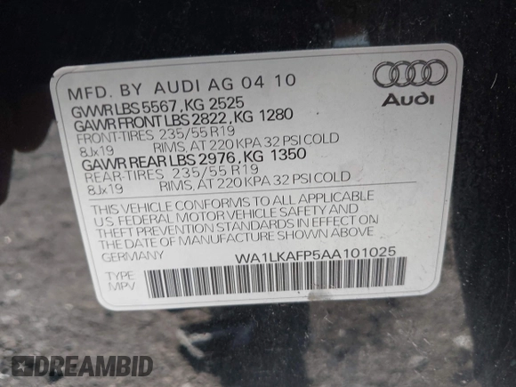 2010 Audi Q5 Premium Plus with VIN WA1LKAFP5AA101025, listed as a IAAI auction lot 42512441 with Not provided miles and . Bid and sale history available at DreamBid. Image 9.