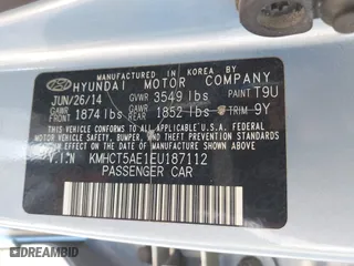 2014 Hyundai Accent GS with VIN KMHCT5AE1EU187112, listed as a IAAI auction lot 41894869 with 100,640 mi miles. Bid and sale history available at carsss.com. Image 9.