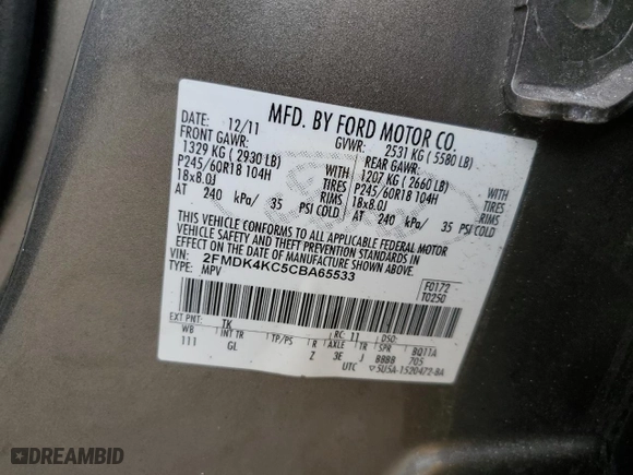 2012 Ford Edge Limited with VIN 2FMDK4KC5CBA65533, listed as a Copart auction lot 51329495 with NaN miles and Clean Title. Bid and sale history available at carsss.com. Image 12.