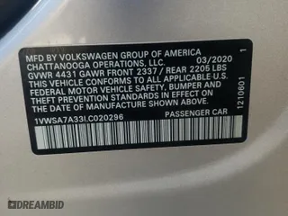2020 Volkswagen Passat 2.0T SE with VIN 1VWSA7A33LC020296, listed as a Copart auction lot 49582592 with 19,146 mi miles. Bid and sale history available at carsss.com. Image 10.