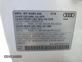 2018 Audi Q5 Premium with VIN WA1ANAFY3J2214117, listed as a Copart auction lot 57158815 with 25,953 mi miles and Salvage title. Bid and sale history available at DreamBid. Image 13.