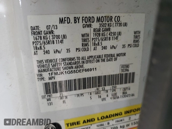 2013 Ford Expedition EL XL with VIN 1FMJK1G55DEF66911, listed as a Copart auction lot 61396244 with 68,608 mi miles and Non Repairable. Bid and sale history available at carsss.com. Image 13.