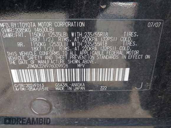 2007 Toyota RAV4 Sport with VIN JTMZK32V976009928, listed as a IAAI auction lot 42783872 with 211,480 mi miles and . Bid and sale history available at DreamBid. Image 9.