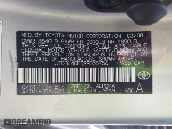 2009 Toyota Corolla with VIN JTDBL40E399035756, listed as a IAAI auction lot 42139231 with 77,149 mi miles and . Bid and sale history available at DreamBid. Image 9.