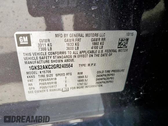2016 GMC Yukon SLE with VIN 1GKS2AKC2GR240564, listed as a Copart auction lot 46847445 with 134,986 mi miles and Salvage Title. Bid and sale history available at carsss.com. Image 13.