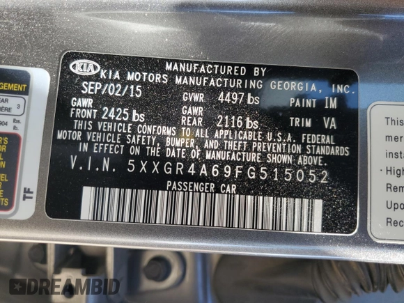2015 Kia Optima SX Turbo with VIN 5XXGR4A69FG515052, listed as a Copart auction lot 49171325 with 154,008 mi miles and Salvage Title. Bid and sale history available at carsss.com. Image 13.