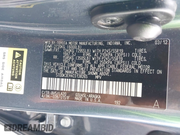 2012 Toyota Highlander Limited with VIN 5TDDK3EH4CS138265, listed as a IAAI auction lot 42505167 with 141,710 mi miles and . Bid and sale history available at DreamBid. Image 9.
