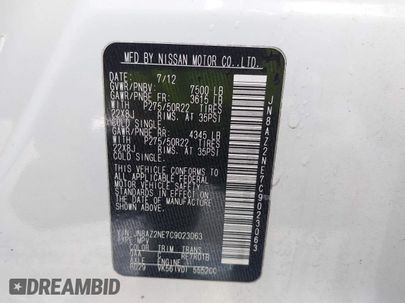 2012 Infiniti QX56 7-passenger z VIN JN8AZ2NE7C9023063, wystawiony jako IAAI lot #42145130 z przebiegiem 149 172 mil mil oraz . Historia ofert i sprzedaży dostępna na DreamBid. Obrazek 9.