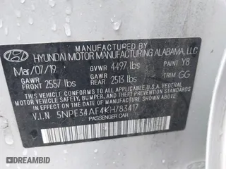 2019 Hyundai Sonata Sport with VIN 5NPE34AF4KH783417, listed as a IAAI auction lot 41555766 with 40,634 mi miles. Bid and sale history available at carsss.com. Image 9.