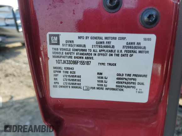 2006 GMC Sierra 3500 DRW SLE1 z VIN 1GTJK33D86F155187, wystawiony jako Copart lot #83437764 z przebiegiem 100 394 mil mil oraz Szkody całkowita. Historia ofert i sprzedaży dostępna na DreamBid. Obrazek 14.