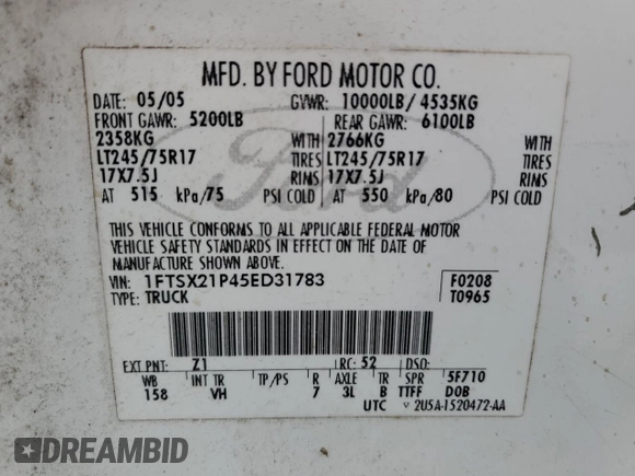 2005 Ford F-250 XL with VIN 1FTSX21P45ED31783, listed as a Copart auction lot 57981395 with 174,726 mi miles and Clean title. Bid and sale history available at DreamBid. Image 12.
